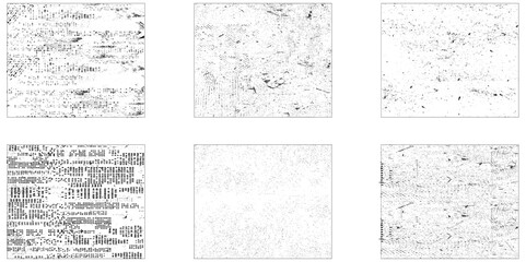 Obraz premium Grunge overlay textures with dust grain isolated on white background. Set of vector paint brush stroke, ink splash and grungy decoration elements for social