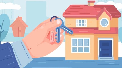 House model, owner holds the key, vector illustration, real estate concept
