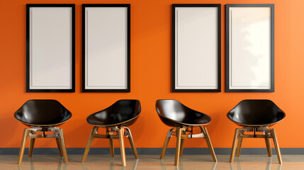 Artistic display of two black frame mockups on an orange wall, perfectly paired with modern wooden chairs, creating a captivating visual contrast.