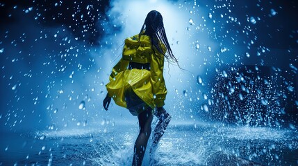 Kobieta ubrana w żółty płaszcz deszczowy spaceruje przez deszczową pogodę, krocząc po mokrej ulicy