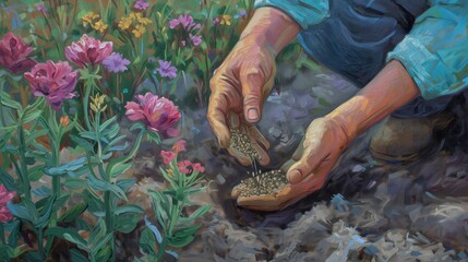 Malowidło przedstawia osobę zbierającą nasiona z pola w stylu naturalistycznym. Osoba skupiona na pracy, zbierająca owoce ziemi wśród pstrokatych kłosów