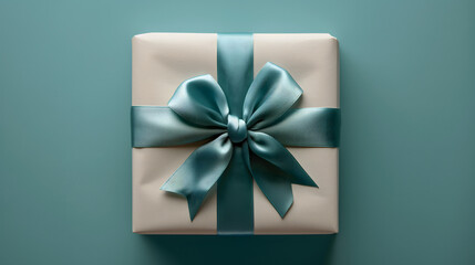 Elegant Gift Wrapped in Cream Paper with a Teal Ribbon on a Teal Background - obrazy, fototapety, plakaty
