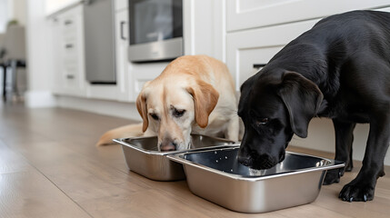 Two Dogs Eating from Bowls in a Modern Kitchen Setting