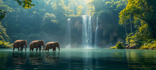 Majestic Elephants at a Serene Waterfall in a Tropical Forest