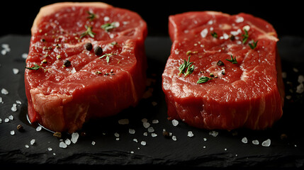 Fresh Raw Beef Steaks Ready for Grilling with Herbs and Tomatoes - obrazy, fototapety, plakaty