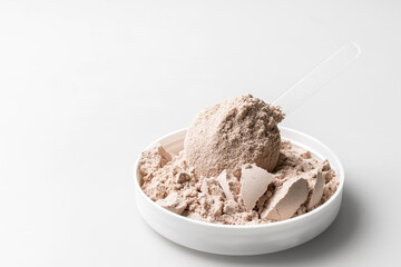 Whey protein powder in measuring scoop