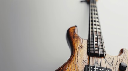 A close up shot of a bass guitar against a white backdrop ready for action with ample copy space