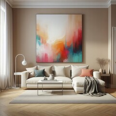 A living room with a template mockup poster empty white and with a large painting on the wall image art realistic has illustrative meaning.