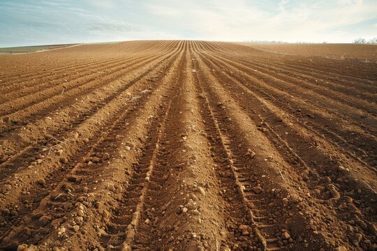 Vast plowed field displaying deep furrows that stretch toward the horizon under a clear blue sky, symbolizing agricultural readiness.
