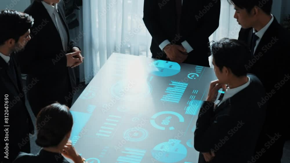 Poster top view of business people group discussing and brainstorming about marketing strategy with hologra