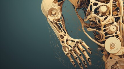 A robot arm with a skeleton hand is shown on a blue background
