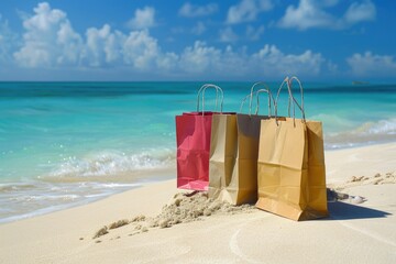 Beach Shopping. Shopping Bags on Sand with Caribbean Sea Water. Retail Sale and Fashion Concept - obrazy, fototapety, plakaty