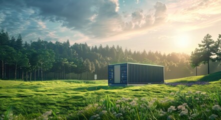 Container Storage. Modern High-Capacity Energy Storage Solution in Green Environment - obrazy, fototapety, plakaty