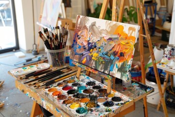 Painting Party: Art Studio Masterclass with Canvases, Brushes, and Palettes - obrazy, fototapety, plakaty