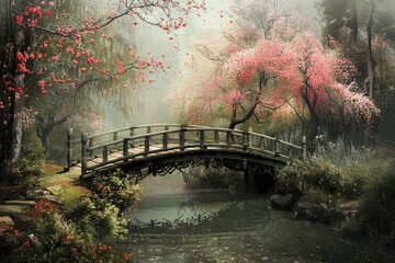 Park Bridge. Romantic Heaven: Cross the Bloomed Garden with Blooming Flowers - obrazy, fototapety, plakaty