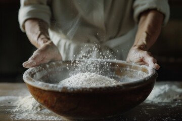 Cooking Close Up. Aged Female Hands Sifting Flour with Sieve in Wooden Bowl for Baking Homemade Food - obrazy, fototapety, plakaty
