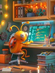 Friendly Bug Character Coding and Working at Vibrant Office Desk