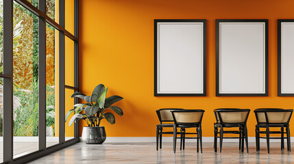 Black frames, orange wall, wooden chairs.