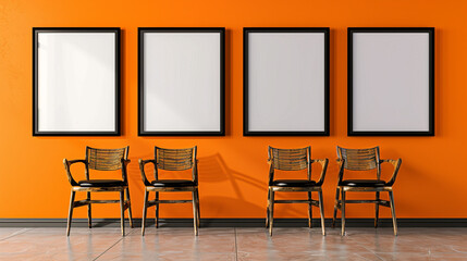 Black frames on orange wall, wooden chairs.