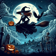 A witch flies on a broomstick on Halloween over a cemetery with skeletons, bats fly against the background of a gloomy sky.
