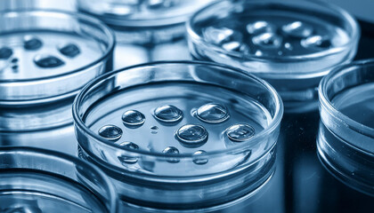 Close-up of glass petri dish with liquid. Laboratory experiments and scientific experiment.