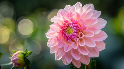 Pink dahlia is lit up by the morning sun. - obrazy, fototapety, plakaty