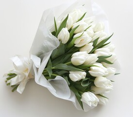 Bouquet of white tulips and white ribbon. - obrazy, fototapety, plakaty