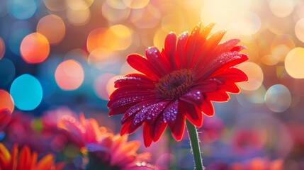 Red flower with dew drops in the morning. - obrazy, fototapety, plakaty