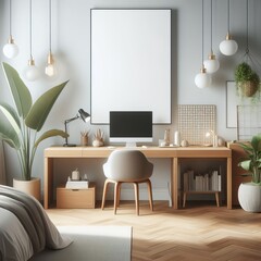 A Room with a template mockup poster empty white and with a desk and a computer art realistic attractive .