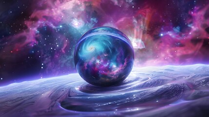 Fototapeta premium Crystal ball in space background filled with cosmic stars, planets, galaxies.