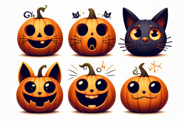 Obraz premium Funny and cheerful Halloween pumpkins with different expressions on their faces.