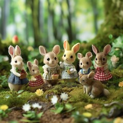 Un grupo de conejos y ratoncillos de peluche en medio del bosque