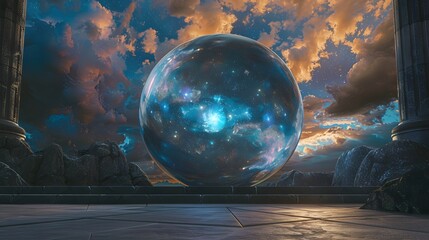 Crystal ball in space background filled with cosmic stars, planets, galaxies.
