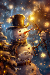 Vertical card with a wizard snowman illuminating the path through the snowfall with a magic staff, congratulations on a Happy New Year and Christmas