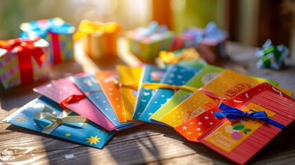 Fototapeta premium Table is covered in colorful gift-wrapped cards.