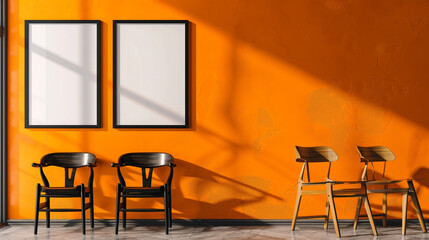 Contrasting elements of light and shadow accentuating the beauty of two black frame mockups on an orange wall, with modern wooden chairs completing the scene.