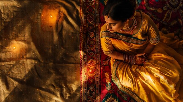 Aerial view of an Indian woman in a beautifully draped sari during Diwali in Jaipur, highlighting the intricate gold embroidery.