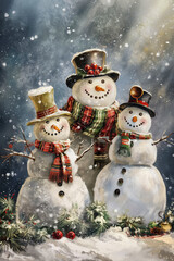 Scenic winter scene with three snowmen in festive scarf and top hats, idea for retro style Christmas vertical card