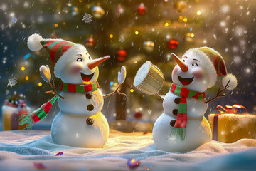 Two cheerful snowmen dancing near the Christmas tree, snowflakes swirling around them, creating a festive atmosphere for the New Year, an idea for a card or banner