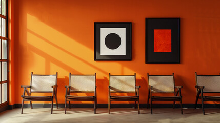 Contemporary art pieces framed in black against an orange wall, complemented by stylish wooden chairs for a modern aesthetic.