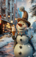 Vertical Christmas card with a happy snowman holding an ice cream while walking through a winter town, wishing a happy new year