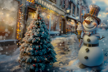 Christmas card with a snowman holding an ice cream while walking through a winter town, he smiles and looks at the Christmas tree