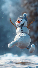 Vertical card with funny dancing snowman, Merry Christmas and New Year greeting, holiday invitation