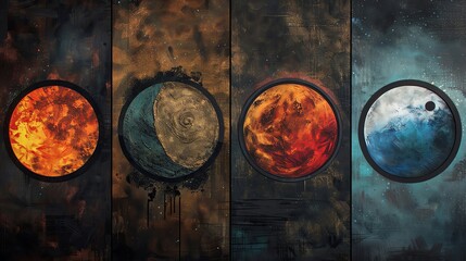 A series of five interconnected circles each filled with textures representing earth, water, fire, air, and ether, for a modern, graphic depiction. - obrazy, fototapety, plakaty