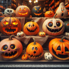 Evil and funny pumpkins for Halloween lie on the shelves in a store window.
