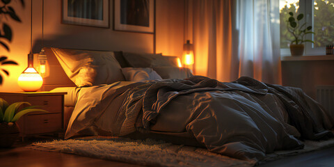 bed in bedroom, A image of a cozy bedroom with a comfortable bed, soft lighting, and warm blankets, inviting relaxation and rest