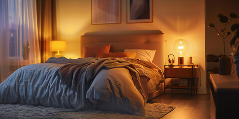 luxury hotel room, A image of a cozy bedroom with a comfortable bed, soft lighting, and warm blankets, inviting relaxation and rest