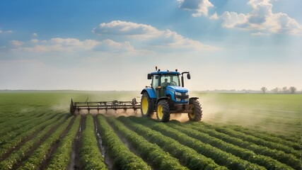 In spring, a tractor is sprinkling insecticides over a soybean field. AI Production