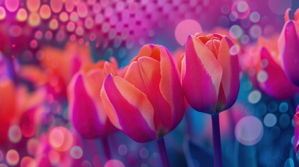 Wiele kolorowych kwiatów, głównie tulipanów, rośnie i przewiewa na trawie w przyrodzie