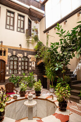 Interior of luxury hotel in oriental style with living plants and fountain in the lobby
